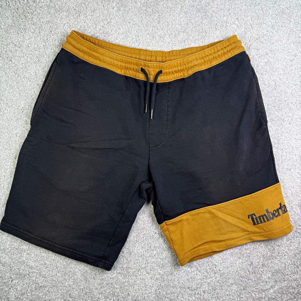 Timberland Sweatshorts Mens Large Black Wheat Yellow Fleece Gym Shorts Logo